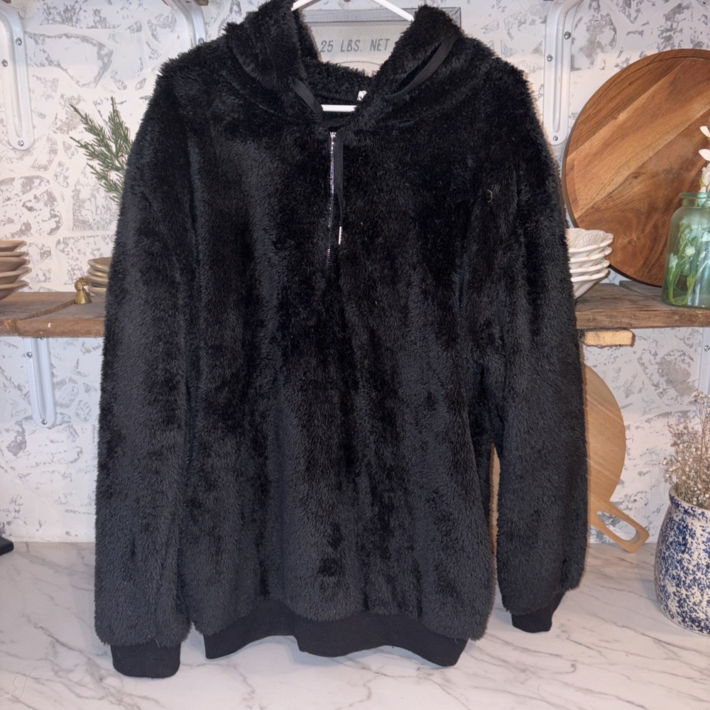 Women's L Cozy Faux Fur Black Pullover Oversized Winter Cabincore Hoodie